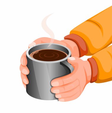 Hand holding hot chocolate or coffee in stainless steel mug, hot drink for stay warm in cold weather or camping activity. concept illustration in cartoon style vector isolated in white background clipart