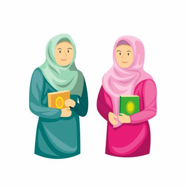 El Kuran 'ı tutan iki müslüman kız, karikatür düz illüstrasyon vektöründe ramazan mevsimi dekorasyonu, beyaz arka planda izole edilmiş.