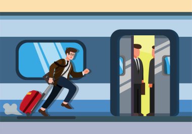 Tren istasyonundaki toplu taşımada valizli bir adamı yakalamak için koşan bir işadamı. beyaz arkaplanda izole edilmiş düz çizim vektörü