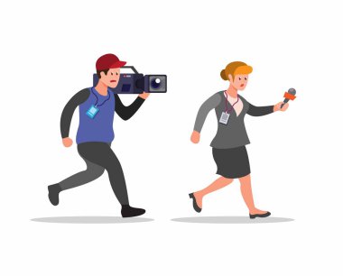 Gazeteci ve kameraman beyaz arka planda izole edilmiş karikatür düz illüstrasyon vektöründe gazetecilik yapıyor.