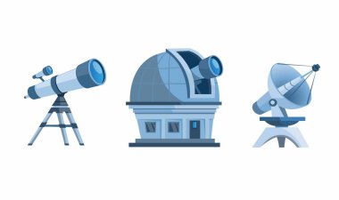 Astronomi keşif ekipmanları ayarlandı. Gözlemevi kubbesi, teleskop, planetaryum ve uydu anten düz çizim vektörü beyaz arkaplanda izole edildi