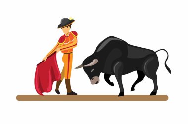 Çizgi film düz çizim vektörü beyaz arkaplanda izole İspanyol geleneksel çekim boğası ve matador