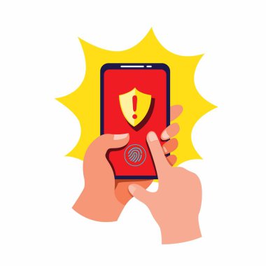 Akıllı telefondan sarı kalkan uyarı sistemi uyarısı, beyaz arkaplanda izole edilmiş çizgi film düz illüstrasyon vektöründe parmak izi koruması olan akıllı telefon.