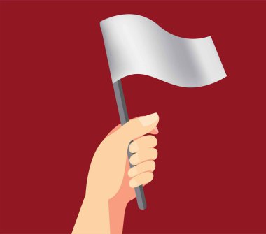 Kırmızı arkaplanda izole edilmiş düz çizgi filmle teslim olmak için beyaz düz bir sembol tutuyor.