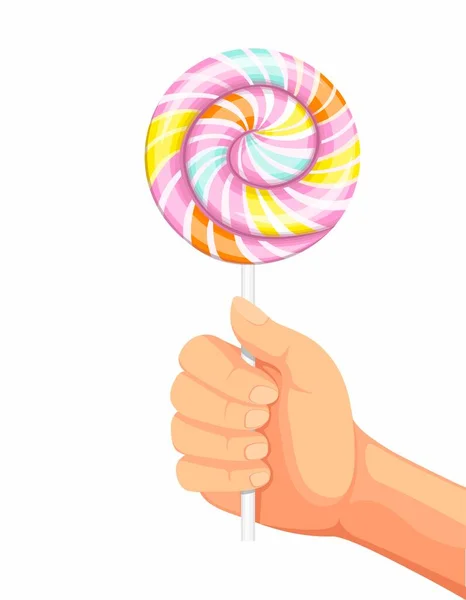 Hand Holding Big Lollipop Sweet Candy Cartoon Realistic Illustration Vector — Stock Vector