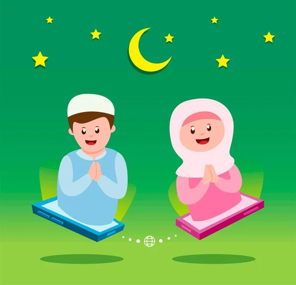 Ramadan Menyapa Cute Muslim Anak Anak Keluar Dari Smartphone Acara - Stok Vektor