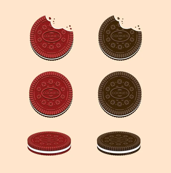 Galletas Con Crema Sabor Chocolate Terciopelo Rojo Snack Collection Icon — Vector de stock