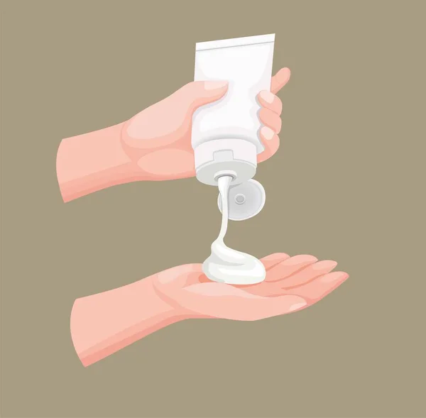 Pressage Main Verser Crème Lotion Emballage Pochette Produit Dans Dessin — Image vectorielle