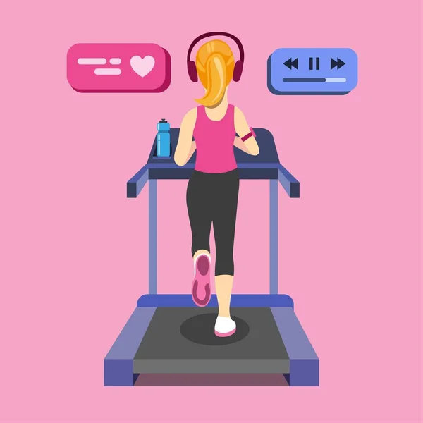 young woman running on treadmill. from back view with modern sport equipment, sports water bottle. Cartoon Flat Vector illustration