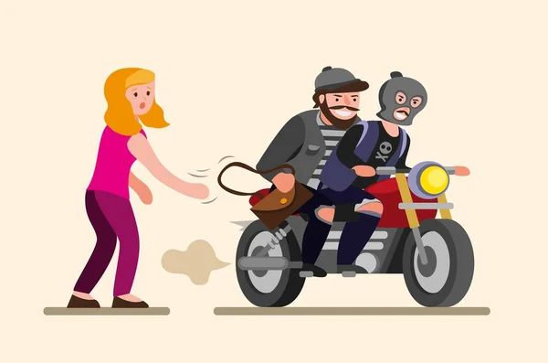 Hırsız kız çantasından çantasını alır. Çizgi film düz çizim vektöründe motosikletli soyguncu çantasını çalar.