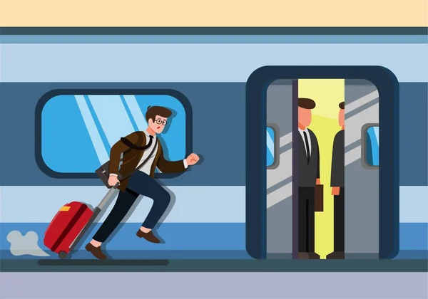 Tren istasyonundaki toplu taşımada valizli bir adamı yakalamak için koşan bir işadamı. beyaz arkaplanda izole edilmiş düz çizim vektörü