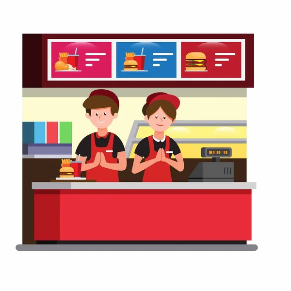 Fast Food Kassier Teller Man Vrouw Dragen Uniform Werk Hamburger — Stockvector
