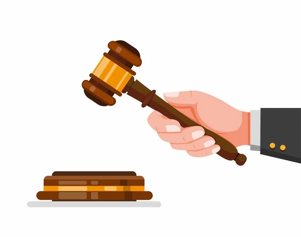 Hand Holding Judge Gavel Wooden Hammer Symbol Law Justice Cartoon — Stock Vector