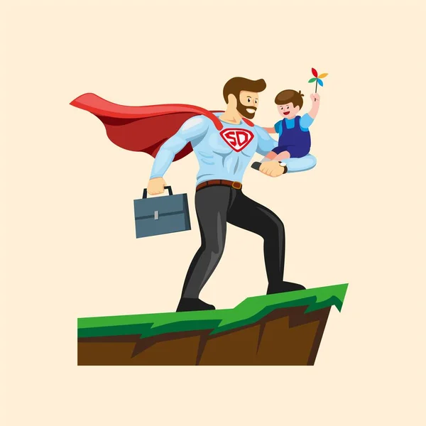 Superdad Carrying Son Happy Fathers Day Illustration Cartoon Flat Illustration — стоковый вектор