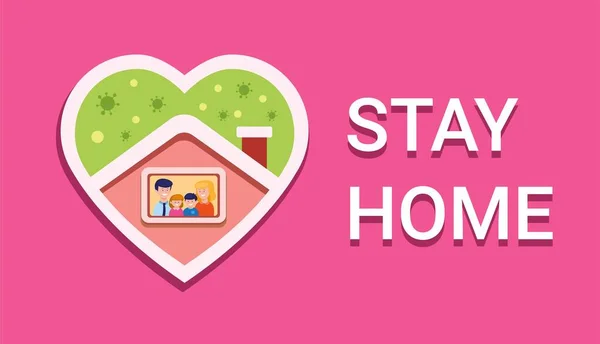 待在家里 与家人一起在家中检疫 以防止病毒传播标志爱情形象在卡通平面插图病媒中出现 — 图库矢量图片