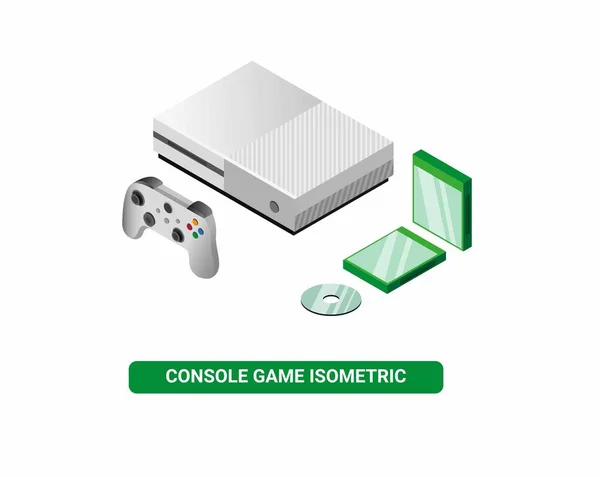 白色游戏控制台 带有绿色Cd外壳 等距可编辑矢量 白色背景分离 — 图库矢量图片