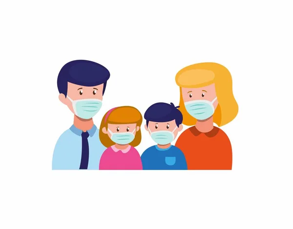 在白色背景下分离的卡通平面插图载体中 家庭戴口罩 防止病毒感染和空气污染 — 图库矢量图片