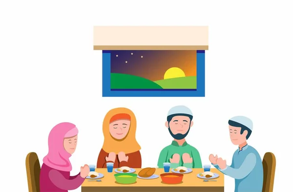 Μουσουλμανική Οικογένεια Προσεύχονται Πριν Από Γεύμα Για Σπάσει Νηστεία Islam — Διανυσματικό Αρχείο