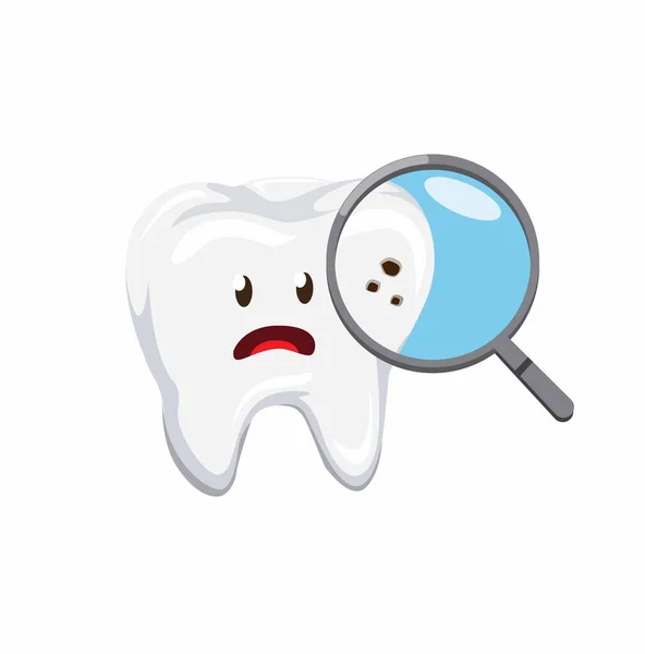 Lupe Erkennungsloch Den Zähnen Zahnpflege Problem Cartoon Flache Illustration Vektor — Stockvektor