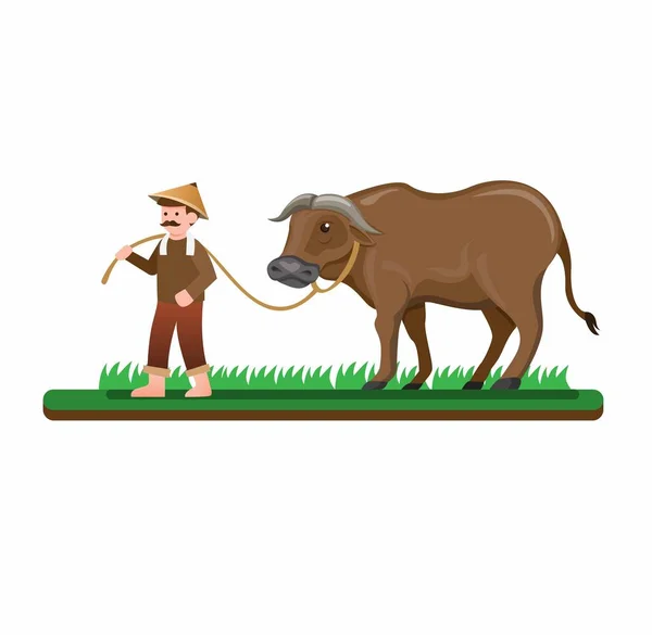 Farmer Férfi Sétál Bölényével Rizsföldekre Ázsiai Emberek Aktivitása Vidéken Rajzfilm — Stock Vector