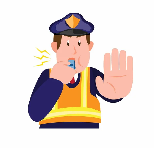 Police Patrol Blowing Whistle Asking Someone Stop Cartoon Flat Illustration — Stock Vector