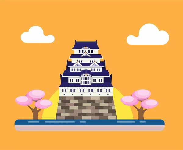 Ιαπωνικό Παραδοσιακό Κάστρο Δέντρο Sakura Και Ηλιοβασίλεμα Έννοια Φόντου Επίπεδη — Διανυσματικό Αρχείο