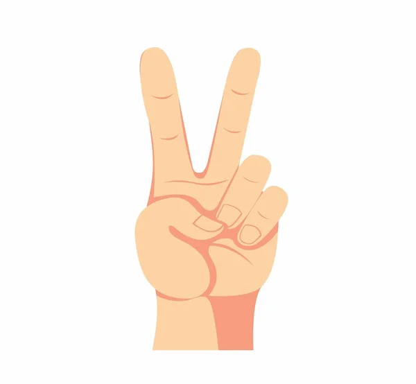 白地に隔離された漫画の平らなイラストベクトルに2本の指で手を挙げシンボルの勝利または平和のシンボル — ストックベクタ