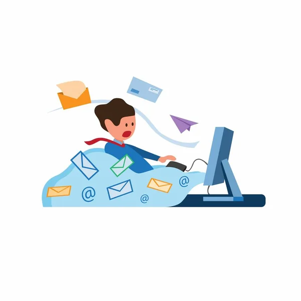 Bilgisayardan gelen zarf ve e-posta dolu ofis çalışanı, gelen mesaj dolu, e-posta spam illüstrasyon sembolü düz stil vektörü