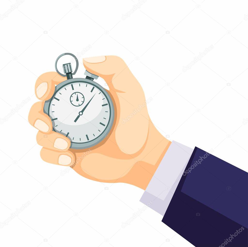 Hand holding Classic Stopwatch Timer concept in cartoon flat illustration vector isolated in white background