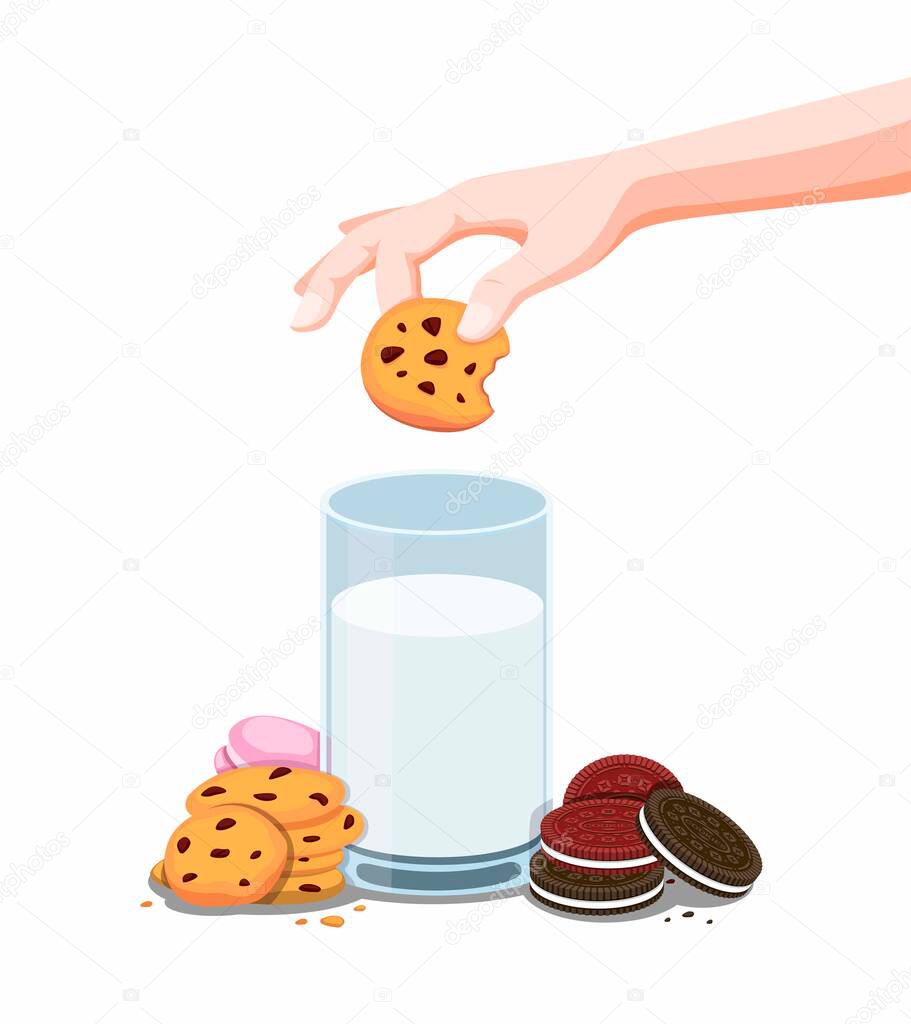 Cookies biscuit and fresh milk, hand dipping cookie choco chips to milk in glass. cartoon illustration vector isolated in white background