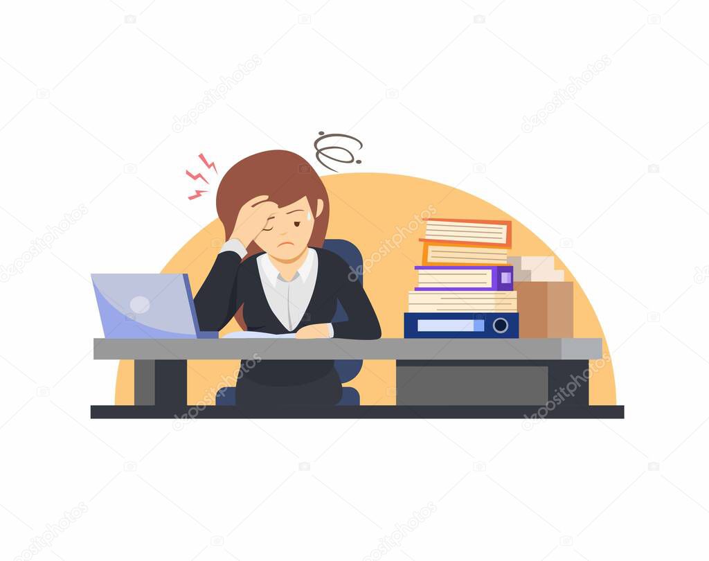 Exhausted female office worker, manager or clerk sitting at desk with full of documents, corporate woman stressed working overtime in cartoon illustration vector