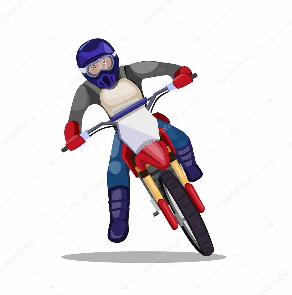 man riding motocross dirt bike, racer motorbike trail cornering in cartoon flat illustration vector isolated in white background