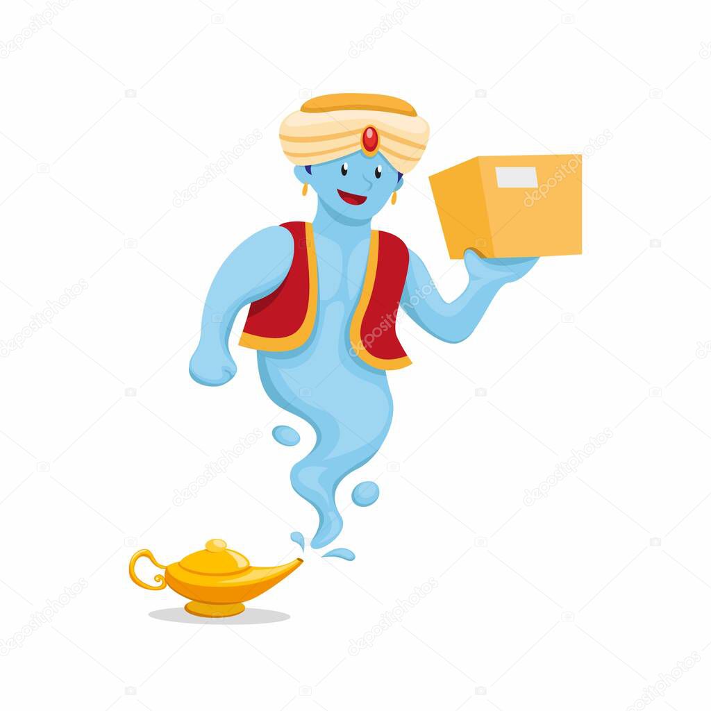 genie with magic lamp carrying package, courier express shipping and delivery mascot in cartoon flat illustration vector