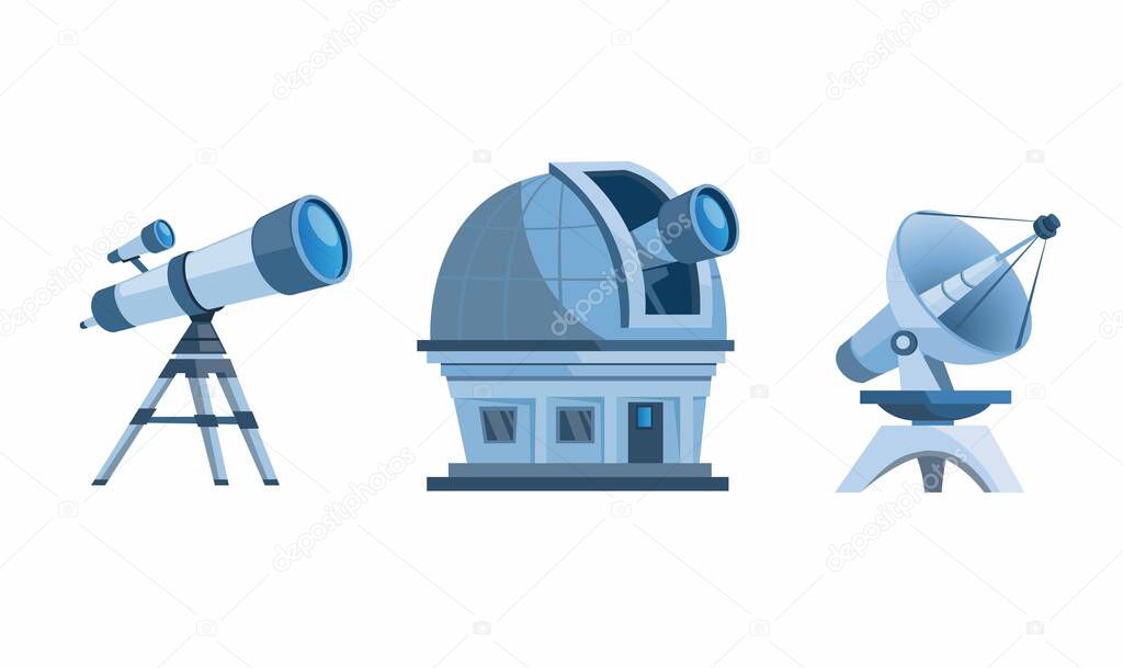 astronomy discovery equipment set. observatory dome, telescope, planetarium and satellite dish cartoon flat illustration vector isolated in white background