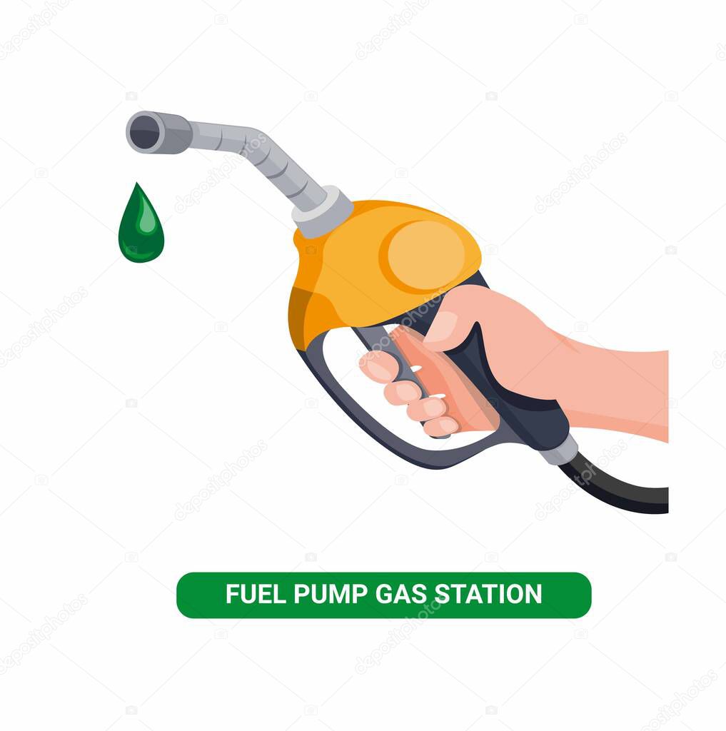Hand holding fuel nozzle, petrol pump with oil drop in gas station cartoon flat illustration vector isolated in white background