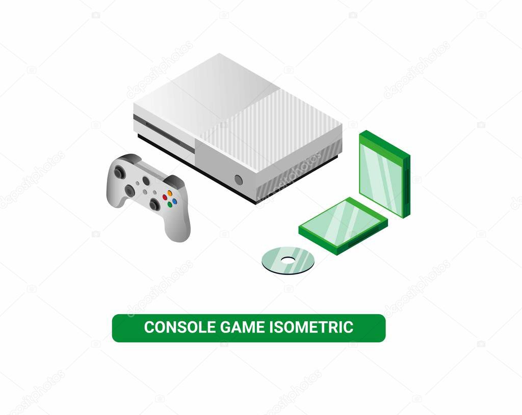 Game console device in white color with green cd case in isometric editable vector isolated in white background