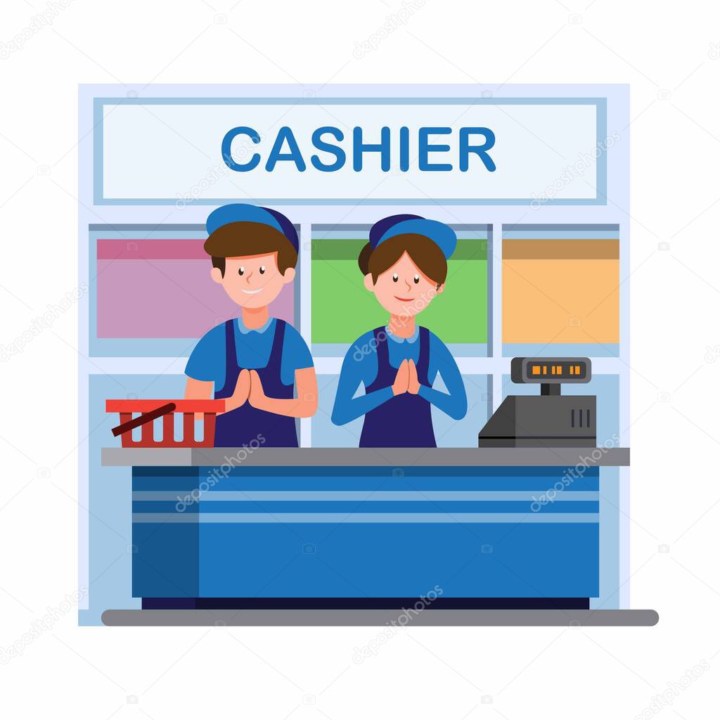 man and woman in uniform working in cashier counter in convenience store or supermarket in cartoon flat illustration vector isolated in white background