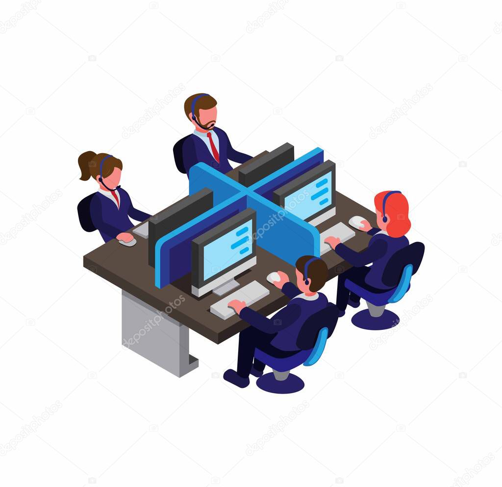Customer Service, Call Center, man and woman in blue suit uniform working at workplace office communication with client. symbol, icon, infographic in isometric flat illustration vector