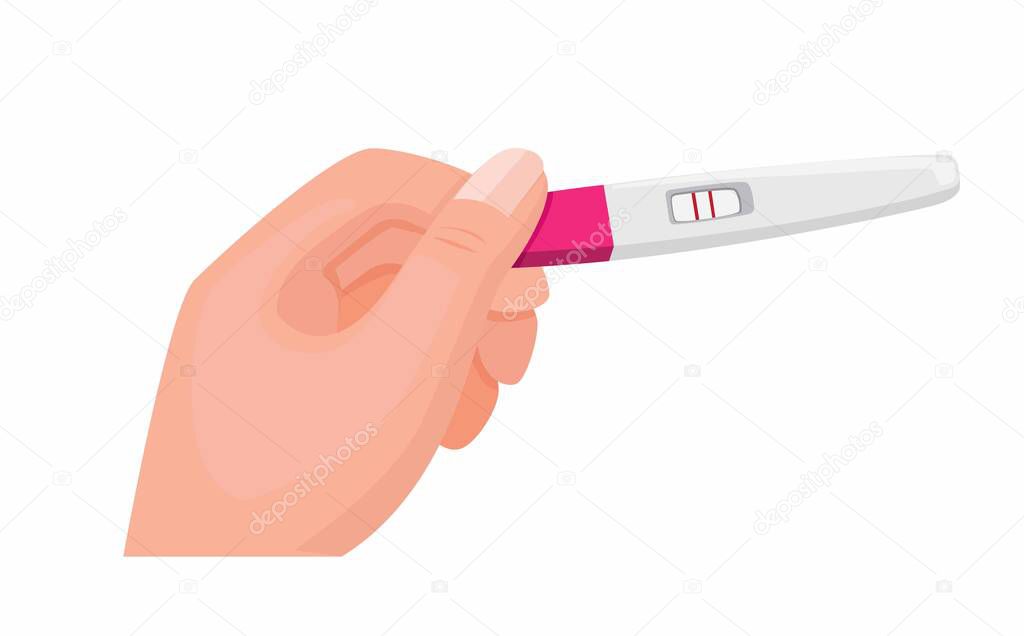hand holding pregnancy test pack with 2 red bar result positive in cartoon flat illustration vector isolated in white background