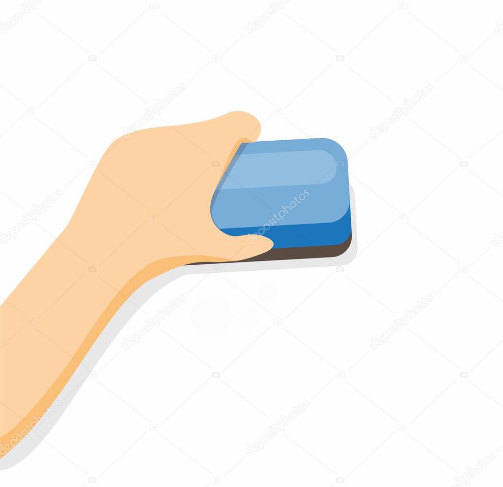 hand holding eraser to erases in white board cartoon flat illustration vector isolated in white background