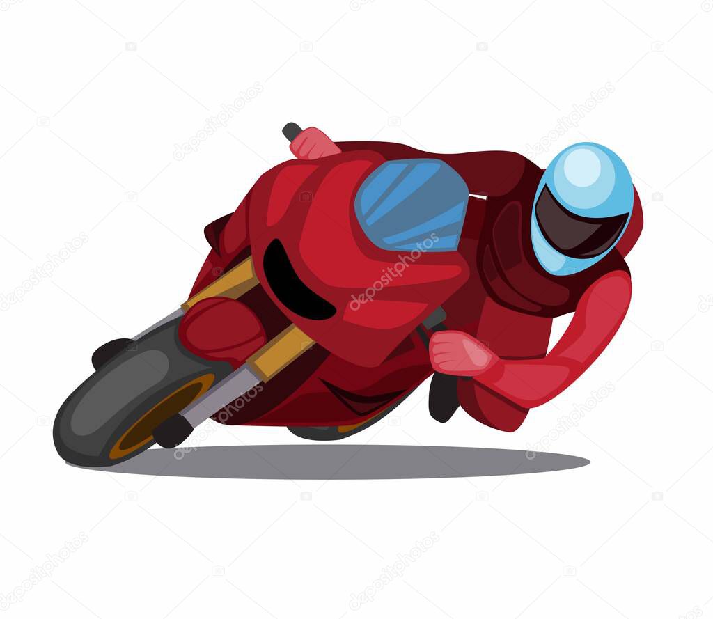 red motorsport cornering lean, racing motorbike lean angle in riding style cartoon flat illustration vector isolated in white background