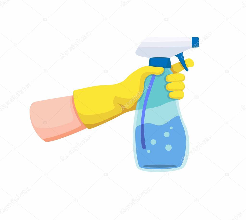 hand with yellow glove holding spray transparent plastic bottle for disinfectant or cleaning. cartoon illustration on white background