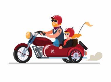 Beyaz arka planda izole edilmiş çizgi film düz illüstrasyon vektöründe sespan modifikasyonu ya da motosiklet kullanan çift.