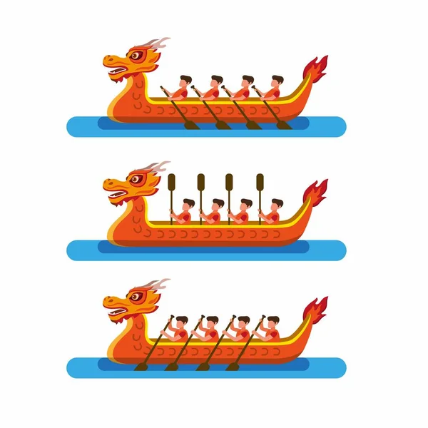 中国の祭りのアイコンセットでドラゴンボートレース 白い背景に隔離された漫画のフラットイラストベクトル — ストックベクタ