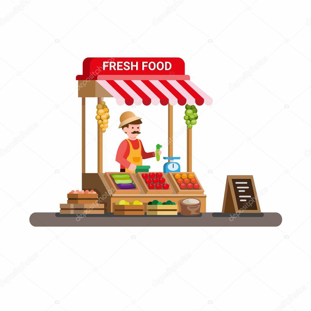 man selling fresh vegetable and fruit in traditional wooden market food stall. cartoon flat illustration vector isolated in white background