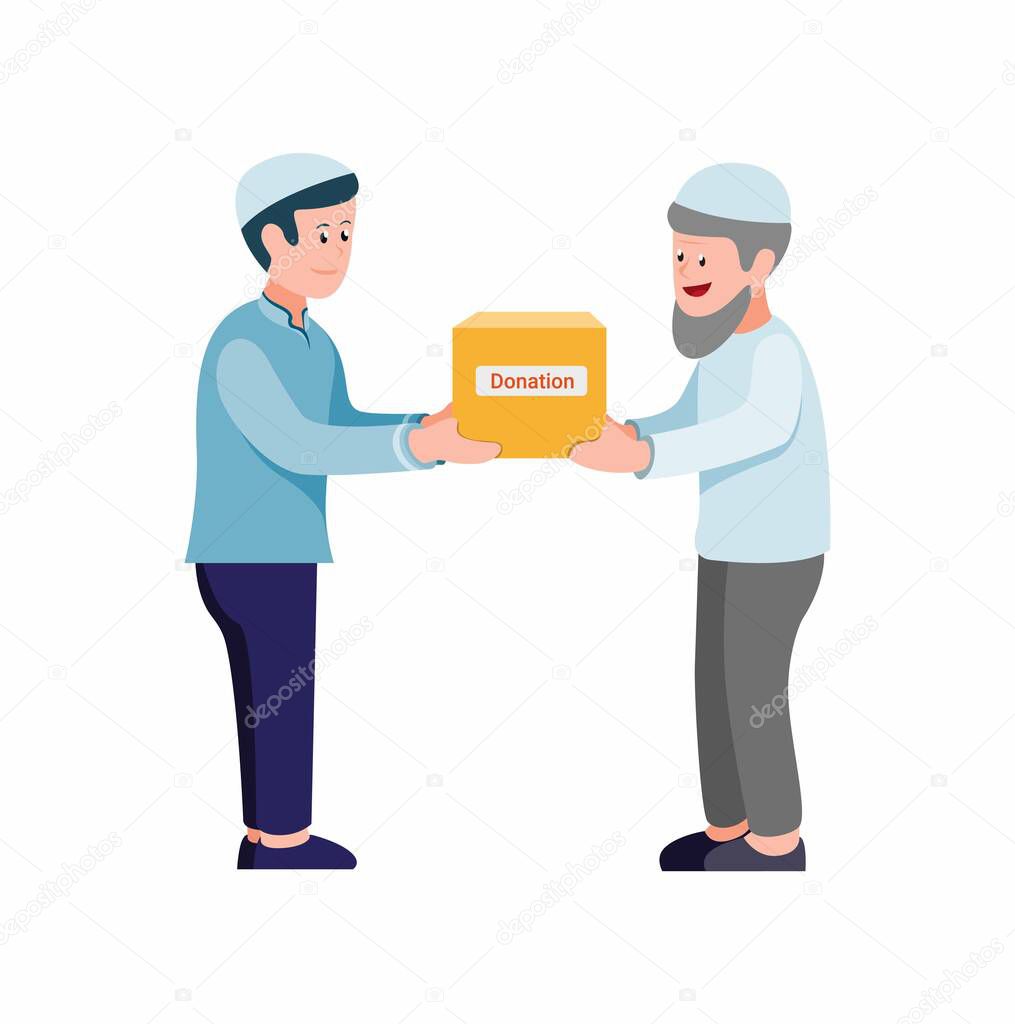muslim giving donation box to poor people and elder in cartoon flat illustration vector