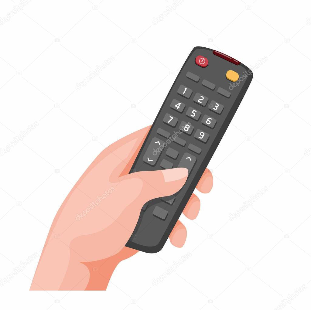 hand holding remote television symbol in cartoon illustration vector isolated in white background