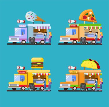 Düz tasarım illüstrasyonlu yiyecek kamyonu simgesi