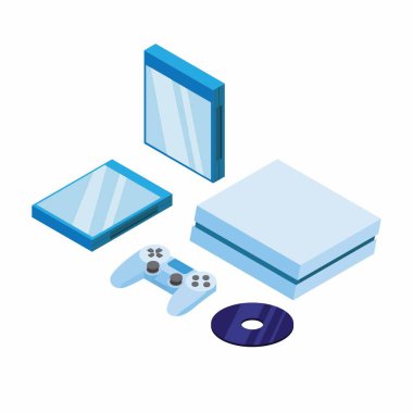 game console set, joystick cd and cd case in isometric illustration editable vector clipart