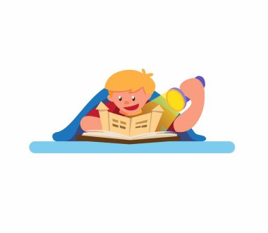 Küçük çocuk masal kitabı okuyor. Gece uyumadan önce yatakta battaniyenin altında el feneri kullanıyor. Çizgi film arka planı.